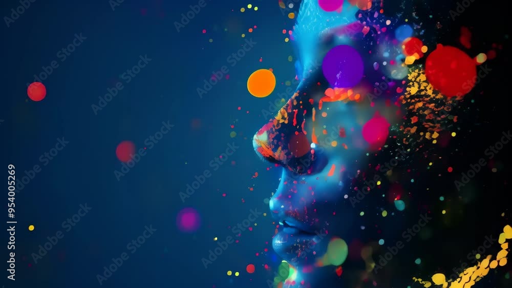 Poster side profile of a human face made of light and digital particles. concept of ai and human mind fusio