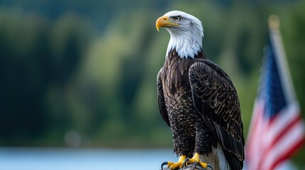 North American bald eagle with the USA flag, green forest and lake at the background. Symbol of freedom