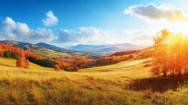 Wonderful landscape during autumn, sunny rural panoramic view. Countryside scenery. Typical autumn colors. Wonderful landscape during fall season, typical orange, brown automn colors. Tranquil scenery