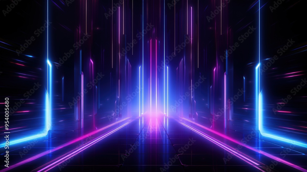 Poster a vibrant, futuristic corridor illuminated by neon lights, creating a dynamic and immersive digital 