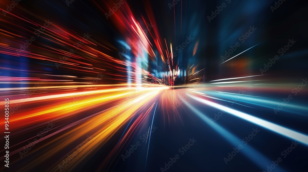 Poster a dynamic abstract representation of light trails, evoking speed and motion in an urban environment.