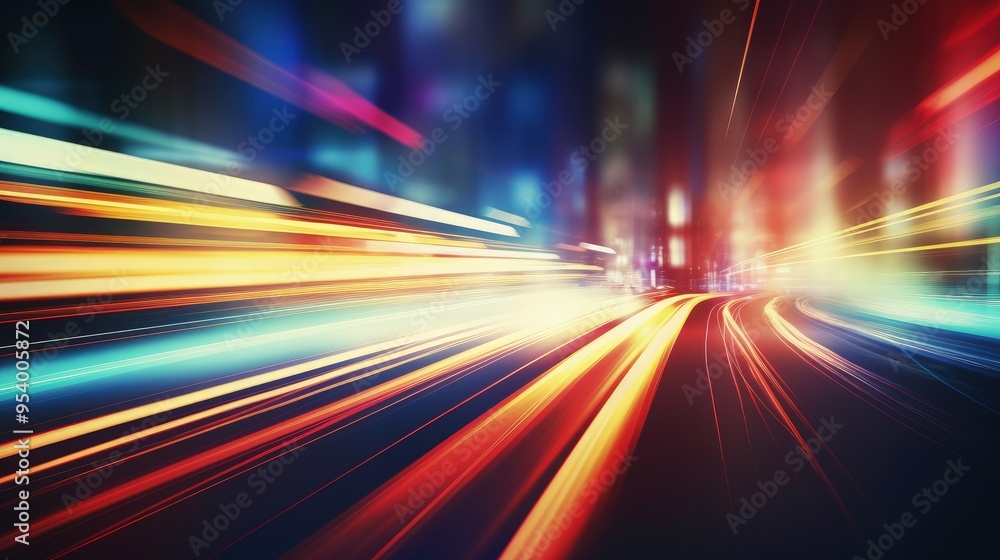 Poster a dynamic representation of speed and motion with vibrant light trails in a dark urban setting.