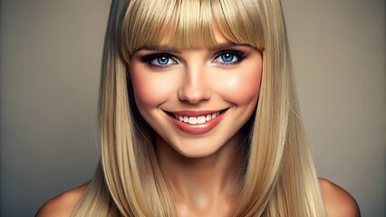 Naklejka premium Attractive blonde woman with straight-cut bangs and bright blue eyes smiling confidently, showcasing a flawless