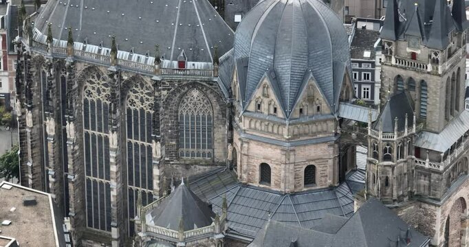 Aerial close up view video of the cathedral of Aachen, Germany.