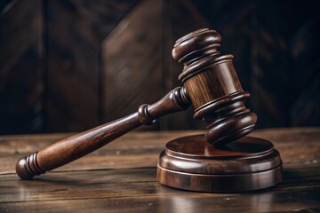 A judge's gavel, made of dark, polished wood. The gavel has a cylindrical head with carved details and a short, thick handle that fits comfortably in the hand
