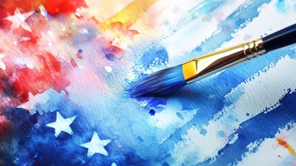 Obraz premium Vibrant Watercolor Painting of Stars on USA Flag Close-Up with Blue Paintbrush Strokes and Blurred Background