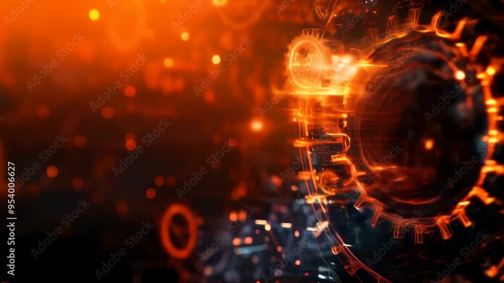 Poster abstract sci-fi artwork with glowing orange gears and particles, evoking themes of futuristic techno