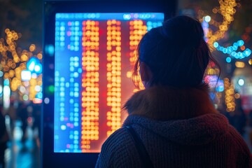 Obraz premium A woman stands in front of a large LED display screen in a bustling urban setting at night.