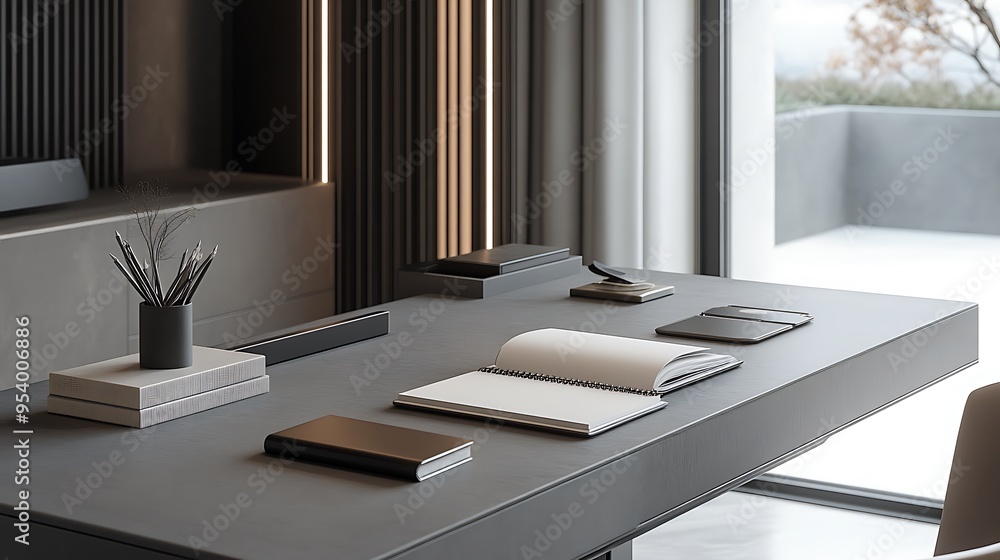 Poster minimalist desk with open notebook and books in modern office