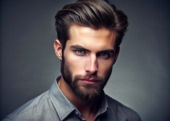Obraz premium Attractive young male with stylishly groomed facial hair sportingly a sleek tapered haircut, showcasing a trendy modern