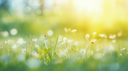 Obraz premium A serene field of flowers illuminated by soft sunlight, creating a peaceful and vibrant atmosphere.