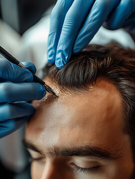 A skilled technician applies scalp micropigmentation on a man's forehead to enhance hair density and restore confidence, showcasing meticulous artistry in a contemporary clinic environment