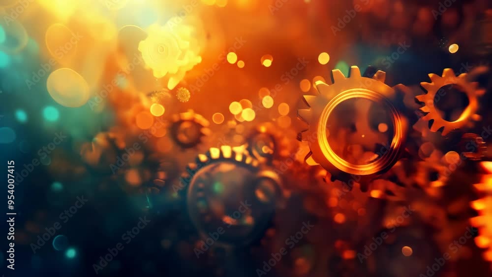 Poster interlocking gears and cogs with warm orange and blue lights, symbolizing the workings of technology
