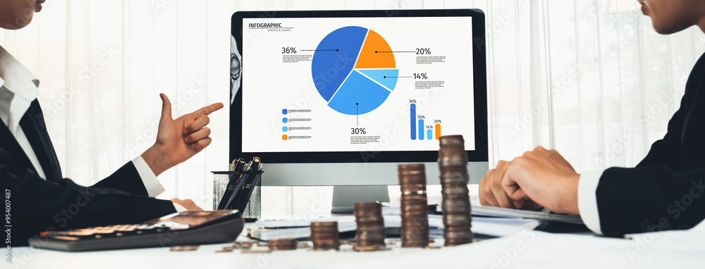 Poster business intelligence analyst use bi software on laptop to analyze financial data dashboard with gro