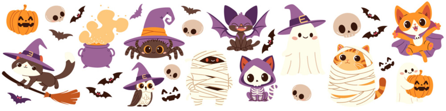 Vector set of cute Halloween illustrations. Cats in different costumes mummy spider ghosts dracula witch owl bat skeletons pumpkin. . Vector illustration