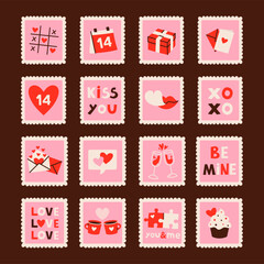 Set of romantic colorful stamps, for valentine's day, vector illustrations isolated on a dark background