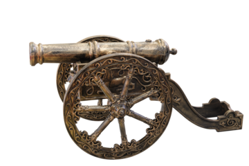 A large cannon is sitting on a white transparent background. The cannon is old and has a lot of detail on it, including a lion and a dragon. Scene is one of history and nostalgia