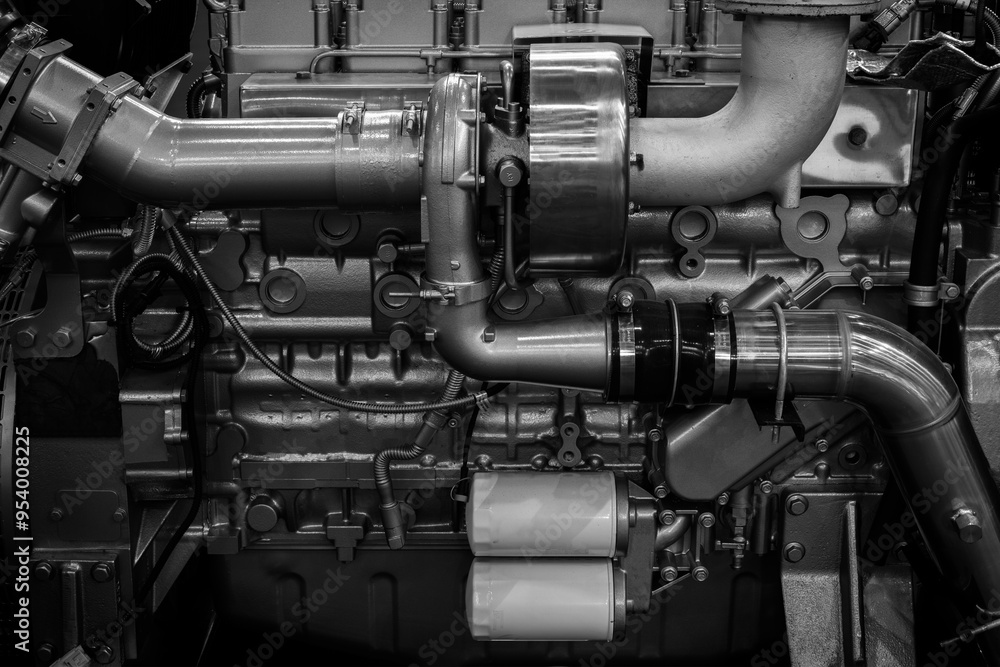 Poster diesel engine. fragment of a diesel motor close-up. engine details diesel engine backgroundbackgroun