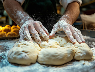 A baker works diligently in a cozy kitchen, kneading fresh dough with flour dusting the countertop, preparing for a busy day of baking bread and pastries