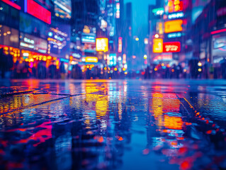 Obraz premium Rain-soaked streets glisten with colorful neon reflections as people navigate the busy urban environment on a lively evening. The atmosphere is filled with energy