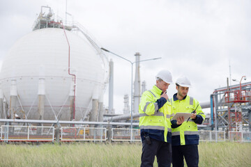 Petroleum engineers working at oil refinery site
