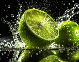 Fresh lime in water drops and water splashes isolated on a black background