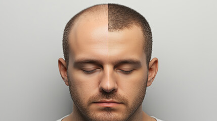 Fototapeta premium A man poses with a shaved head on the left side and neatly cropped hair on the right. The lighting emphasizes his facial features and the contrast in hairstyle