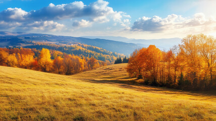 Fototapeta premium Wonderful landscape during autumn, sunny rural panoramic view. Countryside scenery. Typical autumn colors. Wonderful landscape during fall season, typical orange, brown automn colors. Tranquil scenery