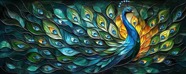 Obraz premium Stained glass: An abstract peacock with elongated feathers, each feather a different shade of blue and green.