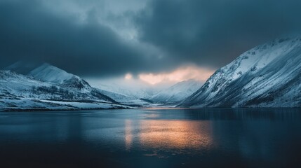 Fototapeta premium A mountain range with a lake in the foreground