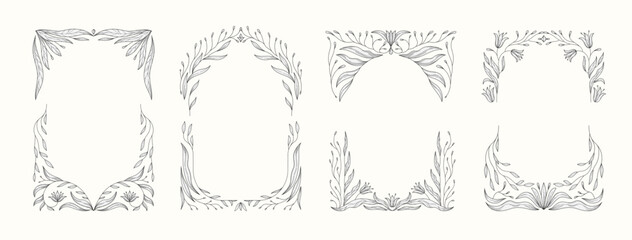 Retro floral frame or cover. Botanic design elements in wavy and naive style. Boho leaves branches and blooming print for poster, social media and packaging or greeting card. Vector illustration