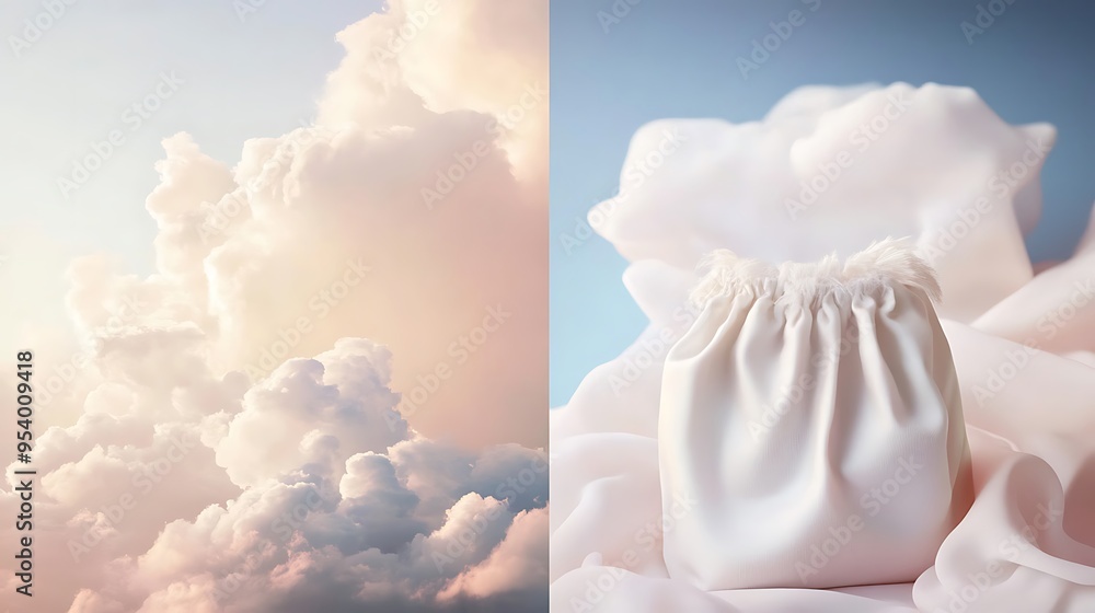 Wall mural Fluffy White Clouds and a Smooth Fabric Pouch with Feathers