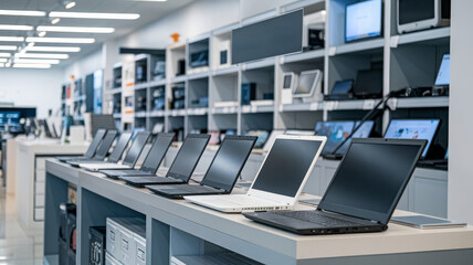 Laptops Displayed in a Neat Row at Electronic Store
