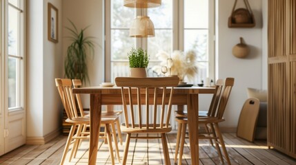 A wooden dining table with wooden chairs and a potted plant in the middle
