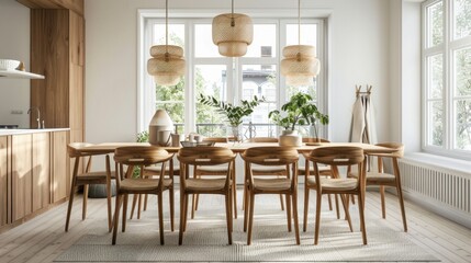 A wooden dining table with wooden chairs and a potted plant in the middle