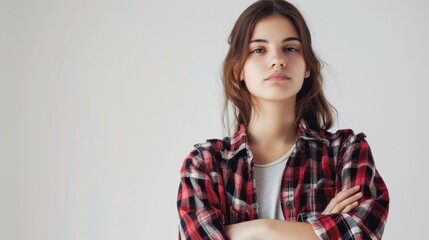 Fototapeta premium A woman with a frowning expression is wearing a brown shirt