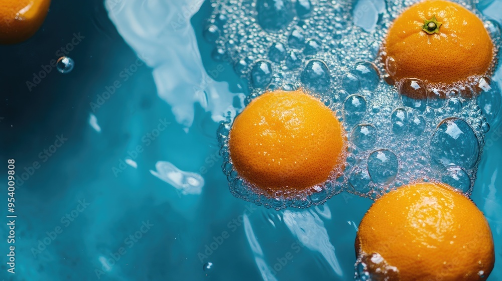 Poster oranges float in a turquoise pool. use this image for concepts of freshness, cleansing, or summer vi