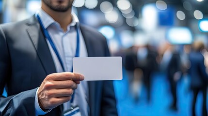 Man in suit holding blank card. This image can be used for marketing, advertising, or presentations related to business, conferences, or events.