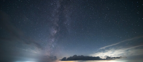 Beautiful bright milky way galaxy at the starry night sky. Astronomical background.