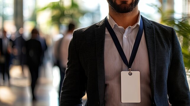 Man in suit with blank badge. Perfect for conference or event marketing.