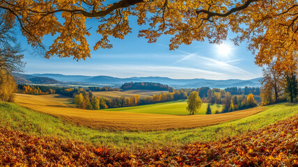 Fototapeta premium Wonderful landscape during autumn, sunny rural panoramic view. Countryside scenery. Typical autumn colors. Wonderful landscape during fall season, typical orange, brown automn colors. Tranquil scenery