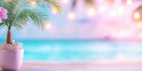Palm tree and tropical beach in the background of a seascape. bokeh blur of the serene sky and waves. backdrop idea for a summer vacation.