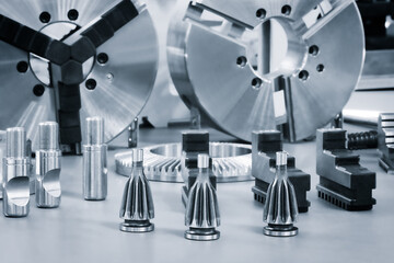 Industrial metalworking concept, milling cutter, metal cutter close up CNC cutters for metal. industry metal processing concept blue tone background