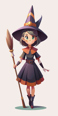 3d Little witch with broom, Happy Halloween holiday.