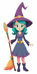 3d Little witch with broom, Happy Halloween holiday.