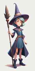 3d Little witch with broom, Happy Halloween holiday.