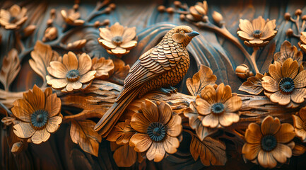 Fototapeta premium a close-up of a wooden carving of a bird perched on a branch. The bird is brown and black in color and is facing towards the right side of the image.