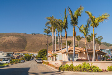Fototapeta premium Modern and traditional homes with palm trees line a sunny street against a backdrop of rolling hills.