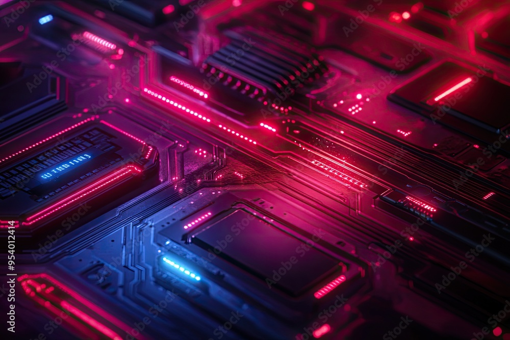 Poster close-up of a circuit board with glowing leds. this image is perfect for showcasing technology, inno
