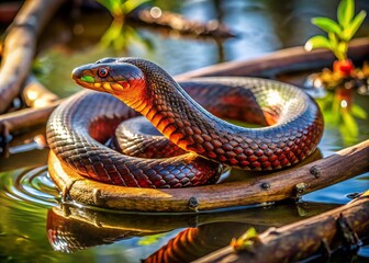 Fototapeta premium A vibrant red-bellied water snake coils itself around a submerged branch in a murky brown swamp, its scaly